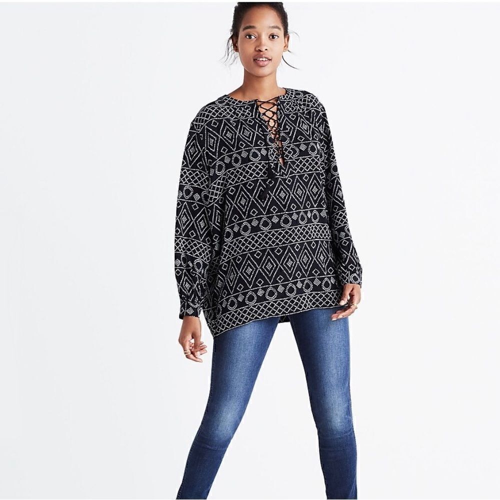 MADEWELL Lace-Up Peasant Top Caravan Print Black White Women’s Size XXS
